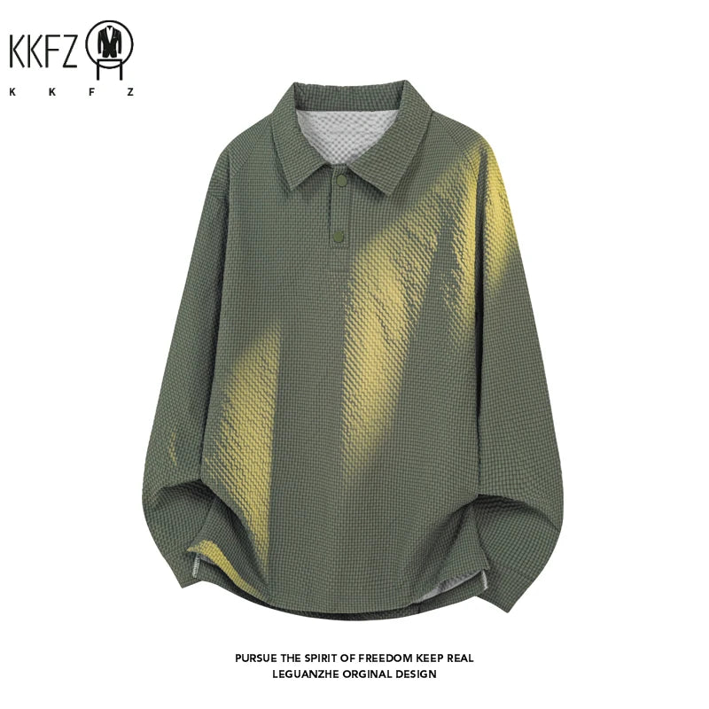 Men Minimalist Cropped Long Sleeve Polo Top Half Button Lapel Waffle Texture For Everyday Urban Casual Dressing