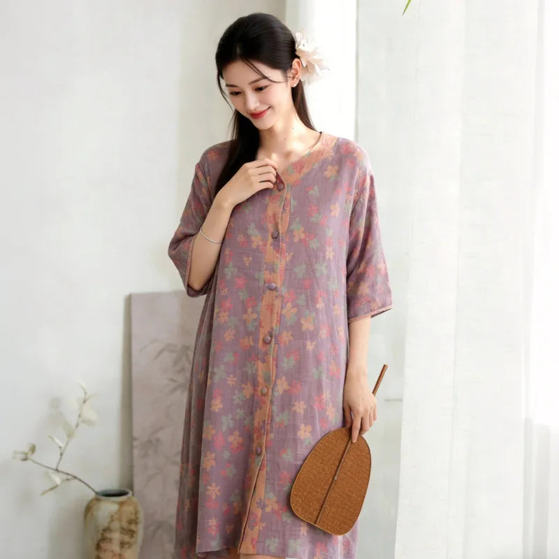 Floral Women's Nightgown New Spring Autumn New Pajamas Dress Nightwear for Woman Sleepwear Pure Cotton Loose Homewear Dress