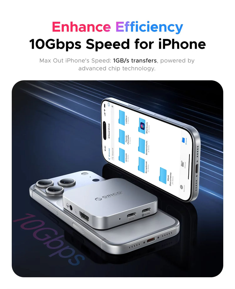 ORICO Magnetic M.2 2230 NVMe SSD Enclosure 10Gbps USB C Docking Station with 4K60HZ HDMI-COM SD/TF PD 100W Charger for iPhone 17