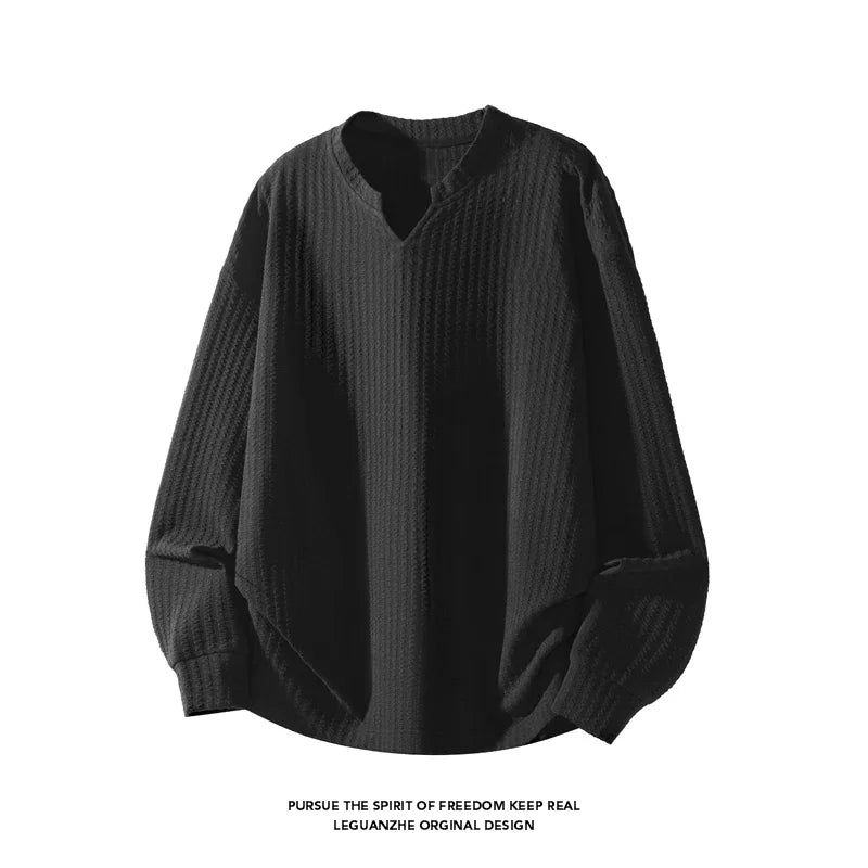 Daily Urban Henley Shirt Men Long Sleeve Split Notch Neck Vertical Texture Soft Fabric Basic Fashion Outer Garment