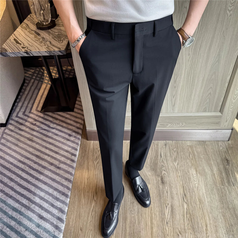Men Summer Business Casual Trousers Lightweight Stretch Suit Pants Elastic Waist Flat Front Cropped Length Office Wear