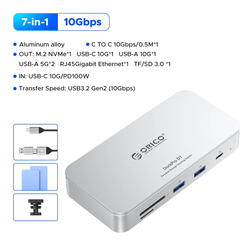 ORICO M.2 2230/2242/2260/2280 NVMe SSD Enclosure 10Gbps USB C Storage Docking Station with 8K60HZ HD DP SD/TF PD100W Charger HUB