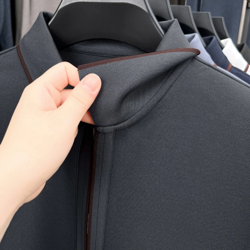 Men's Premium Long-Sleeve Polo Shirt Silk & Wool-Blend Fabric Breathable & Soft -4 Color Options -Upgraded Comfort Design