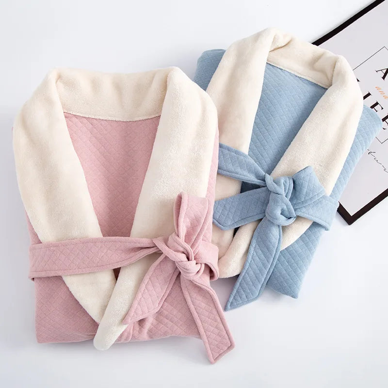 Fdfklak Loose Nightwear Robe Women Winter Three-Layer Quilted Bathrobe Pure Cotton Thicken Warm Night Gown Student Long Robes