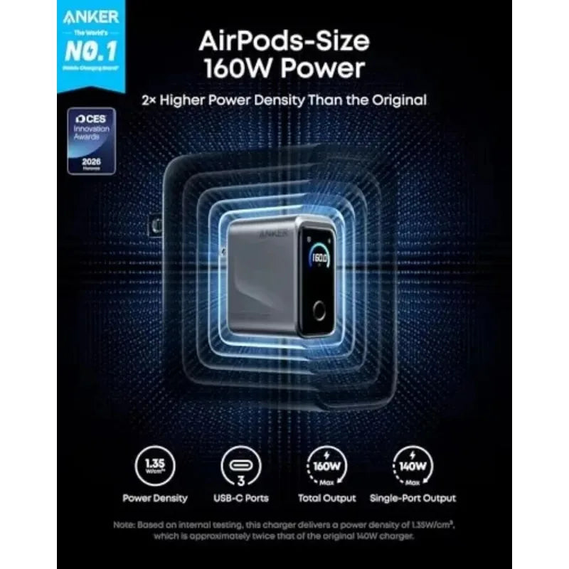 ឆ្នាំងសាក Anker Prime A2687 160W 3-Port GaN USB-C Fast Charger ប្លុកសាកថ្មលឿន Smart Touch Display អតិបរមា 140W សម្រាប់កុំព្យូទ័រយួរដៃ iPhone Samsung