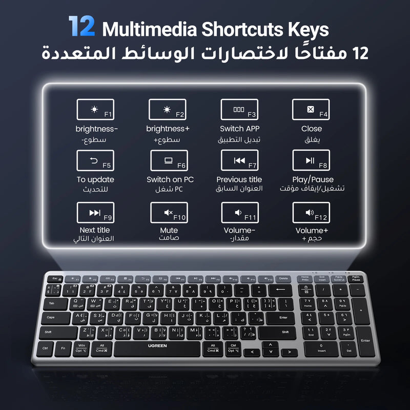 UGREEN Keyboard Wireless Bluetooth 5.0 2.4G Arabic 99 Keycaps for MacBook iPad PC Tablet Desktop USB C Rechargeable Keyboard