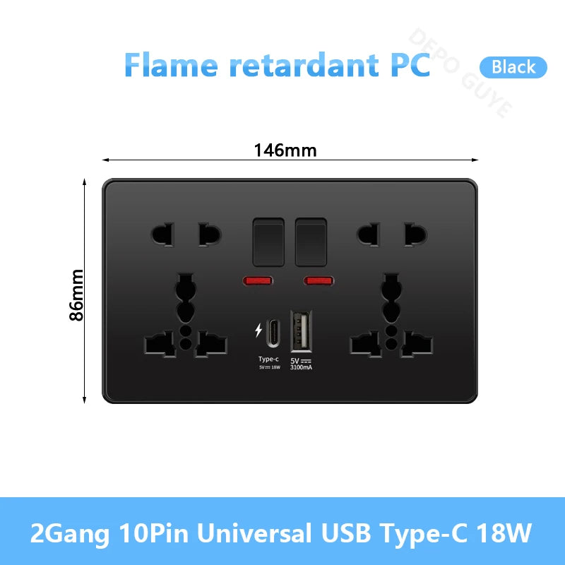 Universal Black USB Type-C 18W Smart Fast Charging Socket Double 5-pin Power Plug,UK  Electrical Internationa Wall Light Switch