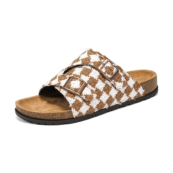 Vintage Plaid Cork Footbed Slippers Unisex Adjustable Double Buckle Flat Sandals Non-slip Summer Casual Shoes for Men Women