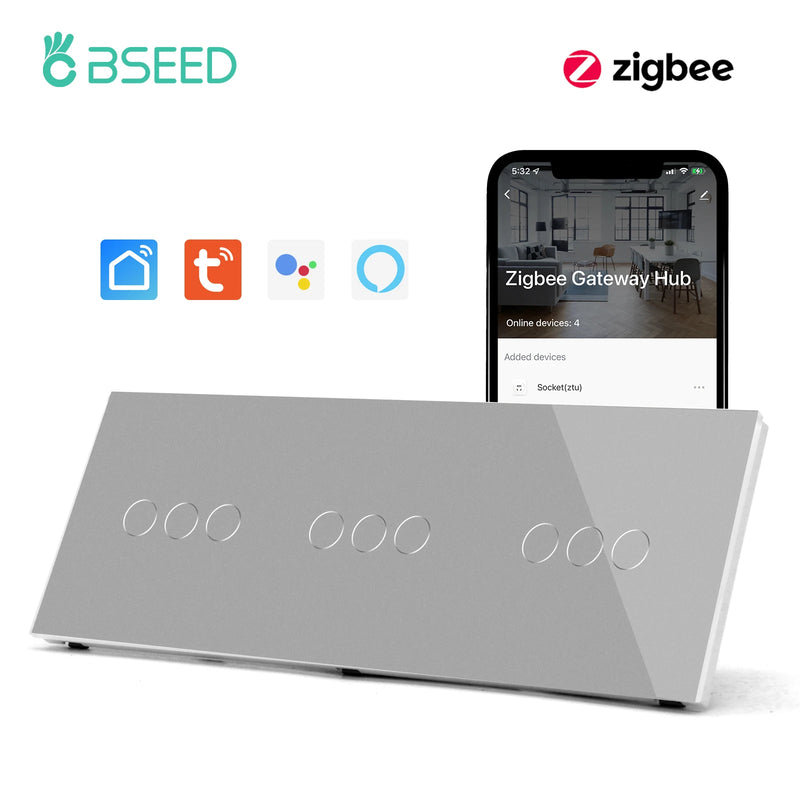 BSEED Zigbee Smart Switch 1/2/3Gang 1/2/3Way Smart Touch Light Switch Work With Tuya Smart Life Blue Backlight No Neutral Line