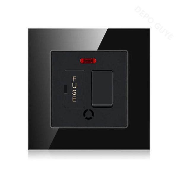 កុងតាក់ប្រភេទ UK 13A ចំនួន 86 ជាមួយហ្វុយស៊ីប កុងតាក់អគ្គិសនី ភ្លើង Spurs ណេអុង ខ្មៅ ស ប្រផេះ កញ្ចក់រឹងមាំ ហ្វុយស៊ីប បន្ទះកុងតាក់ជញ្ជាំង 13A
