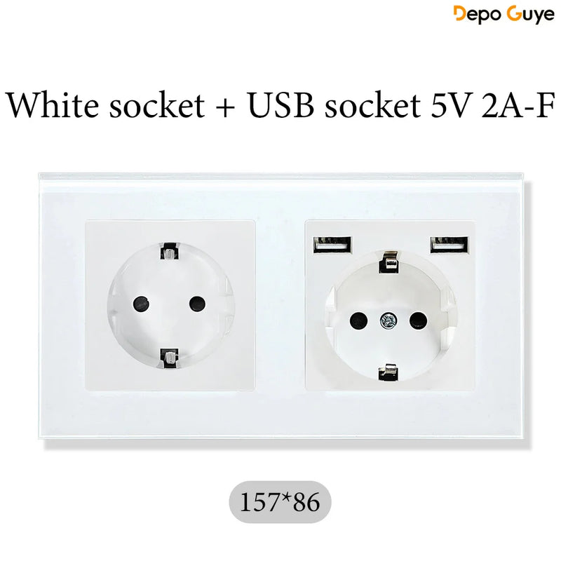 European Standard 4 Gang Wall Power Socket 16A Glass Panel with Three USB Type-C Ports White Black Industrial Home Hotel