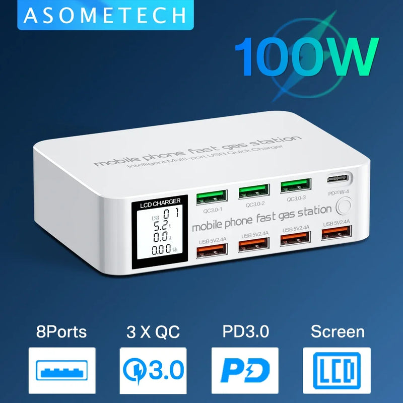 100W 8 រន្ធ អេក្រង់ LCD សាកលឿន 3.0 USB Charger Adapter HUB Type C PD Fast Phone Charger សម្រាប់ iPhone Huawei Samsung Xiaomi