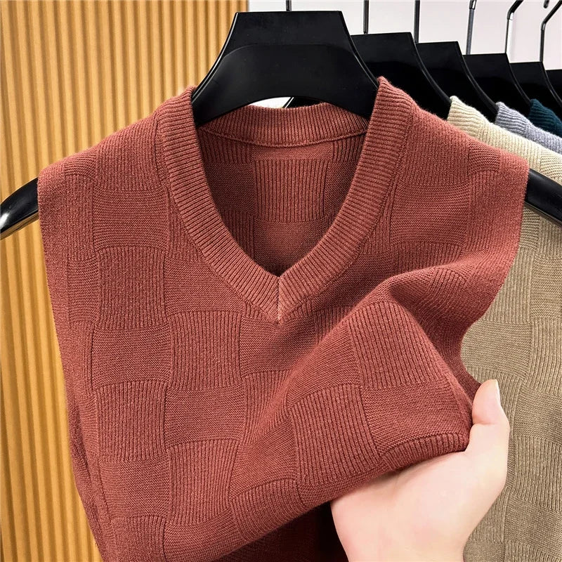 Mens Lightweight Jacquard Knitted Sleeveless Vest V Neck Textured Sweater Tank Top For Daily Commute And Business Matching