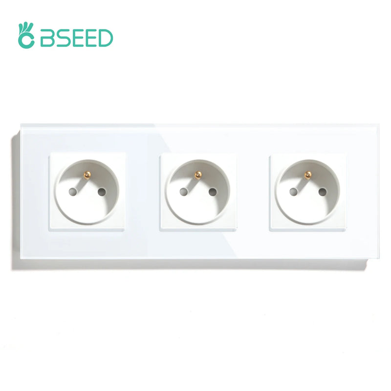 BSEED French Standard Single Wall Power Sockets Double France Outlets Triple Plugs Crystal Glass Panel Children Protection 16A