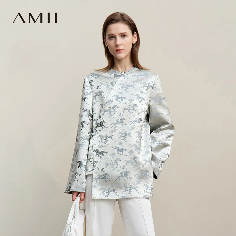Amii Women's Jacket 2026 Autumn New Chinese Elegant Jacquard Tie Coat O-Neck Loose Asymmetric Placket Long Sleeve Coats 12641097