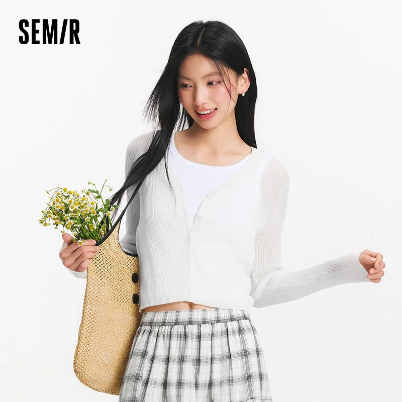 Semir Women Cardigan Short Slim Solid Lace V Neck Regular Shoulder Simple Layered Top 2026 Soft Breathable Fashion Wear