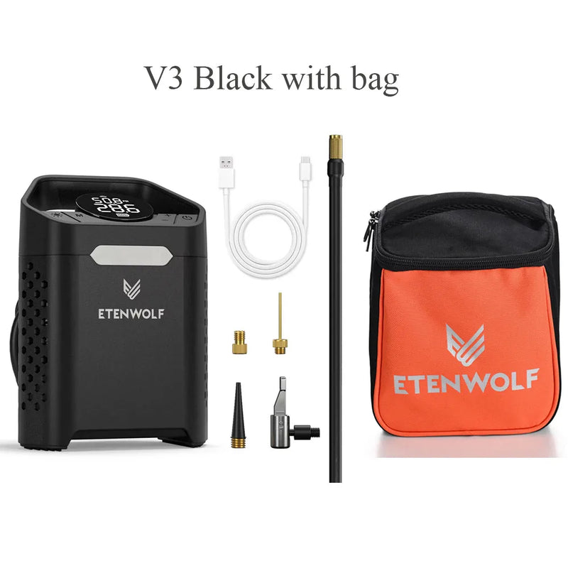 ETENWOLF ស្នប់ខ្យល់ចល័ត ស្នប់បំប៉ោងសំបកកង់ 100% សម្រាប់ប្រើប្រាស់ប្រចាំថ្ងៃ និងកាបូបសម្រាប់ដាក់ Powerbank ស្នប់អគ្គិសនី សម្រាប់រថយន្ត ម៉ូតូ កង់