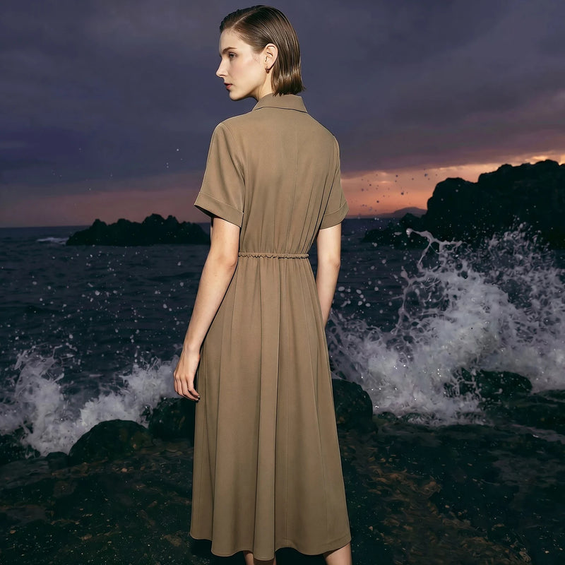 Amii Women's Dress 2026 Summer New Lapel Collar Half Placket Drawstring Short Sleeve Casual A-Line Midi Dress For Women 12642158