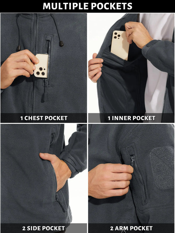 TACVASEN Men's Winter Tactical Full-Zip Fleece Hooded Jacket Windproof Coat with 6 Zipper Pockets for Outdoor Hiking And Fishing