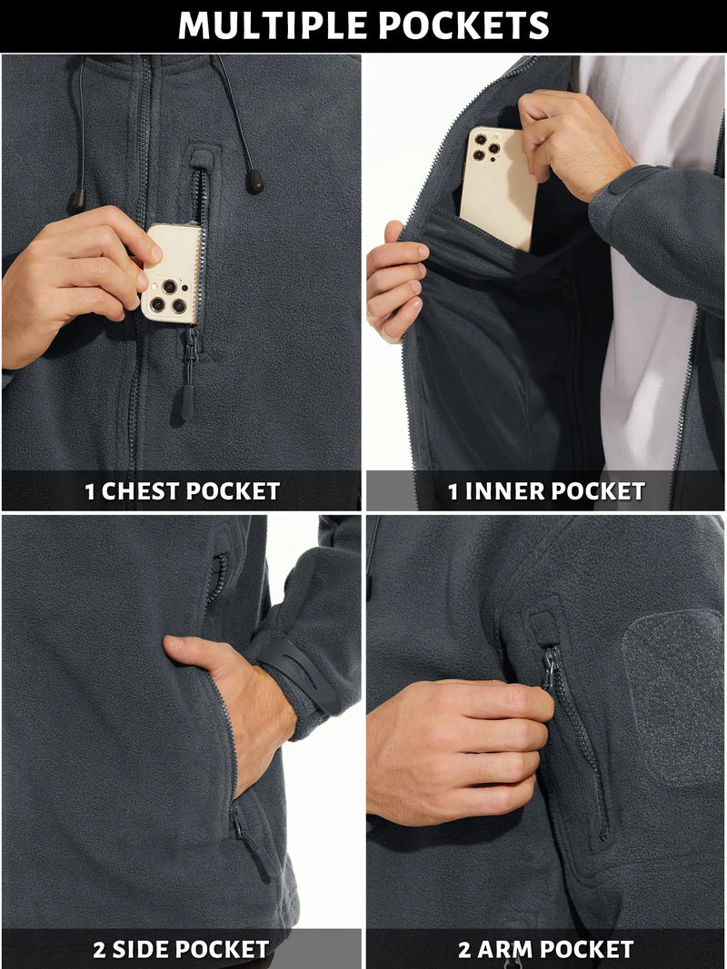 TACVASEN Men's Winter Tactical Full-Zip Fleece Hooded Jacket Windproof Coat with 6 Zipper Pockets for Outdoor Hiking And Fishing