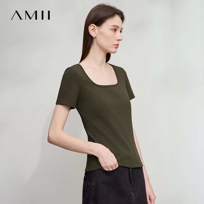 អាវយឺត AMII Minimalist រដូវក្តៅ 2026 សម្រាប់នារីការិយាល័យ ក U ដៃខ្លី អាវកប្បាសប៉ាក់ត្រង់ សម្លៀកបំពាក់សម្រាប់នារីៗ 12542304
