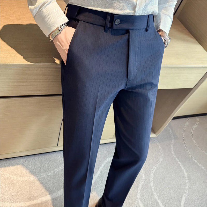 2026 Men's Slim Fit Striped Dress Pants Brown Formal Business Suit Trousers for Office And Wedding Wear High-Quality