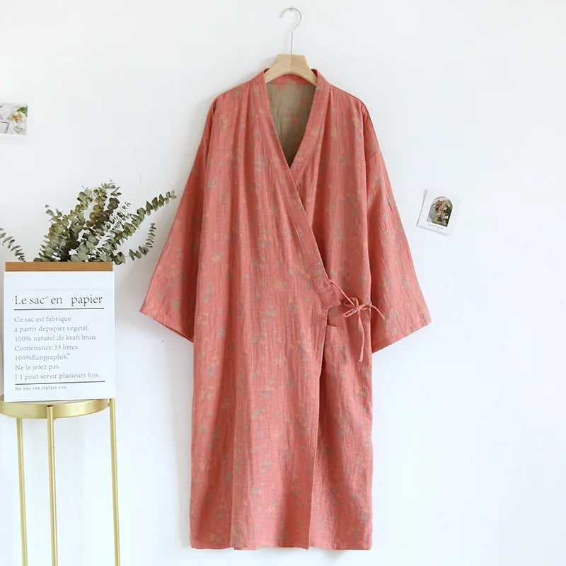 Spring Summer 100% Cotton Sleepwear Jacquard Japanese Kimono Sleeping Robe Loose Comfortable Home Bathrobe Women Dressing Gowns