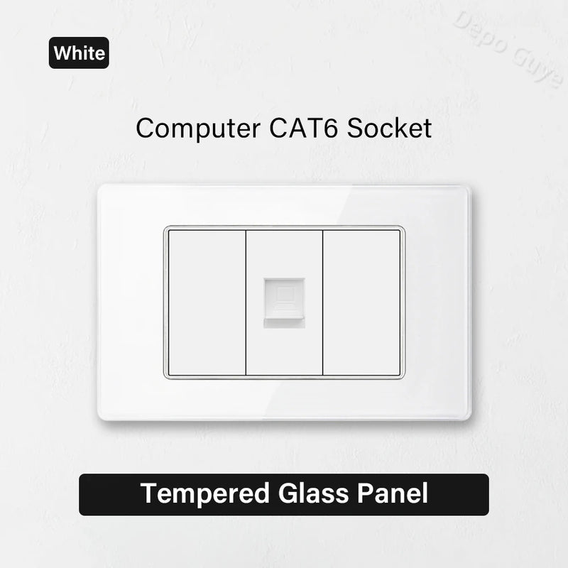 White Tempered Glass Panel Wall Light Switch Rocker Button EU Sockets Fast Charging CAT6 TV Power Outlet 118*75mm 16A AC110-250V