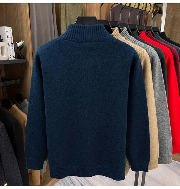 Winter Collection of Men's Long-sleeve Knit Wool Sweaters: Red Crew-neck Pullover with A Semi-high Collar; Black, Gray, Camel.