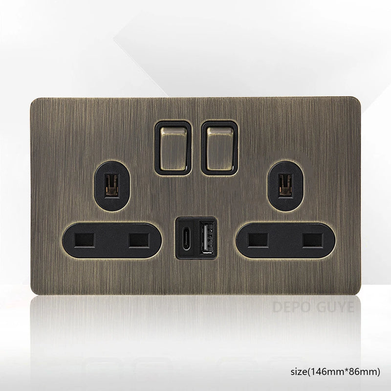 Retro Metal Brushed Antique Stainless Steel Push Button Switch Panel UK 13A Socket with USB Phone Charging for Home Improvement