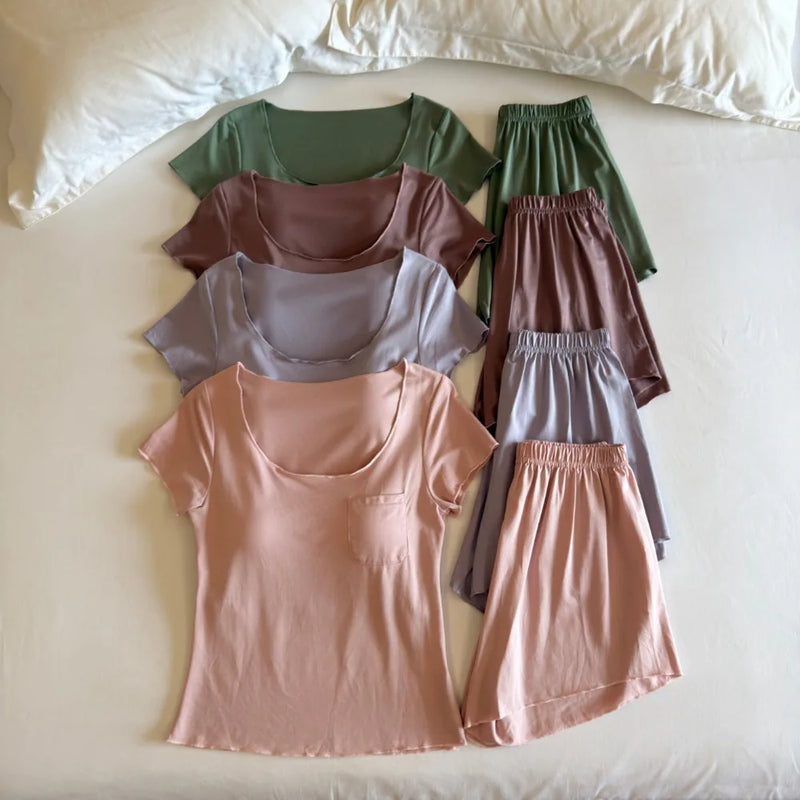 New Chest Pads Nightwear for Woman Pyjamas 2 Piece Set Night Wear for Ladies Thin Short-sleeve Home Sleepwear Suit Loungewear