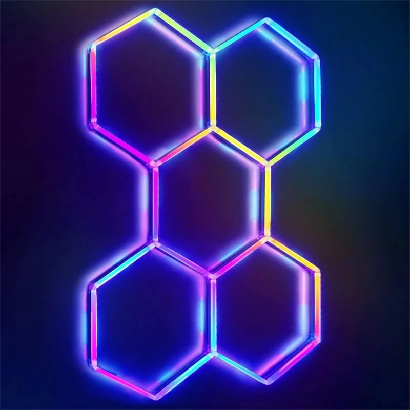 ភ្លើងយានដ្ឋាន RGB Hexagon ភ្លើងពិដាន LED ដែលអាចបន្ថយពន្លឺបាន ចង្វាក់ភ្លេង ភ្លើង LED បន្ទះ Hex សម្រាប់បន្ទប់លេងហ្គេម បារ ក្លឹបហាត់ប្រាណ