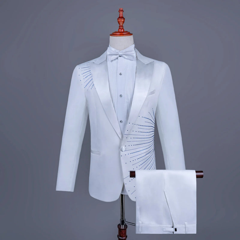 Men's Black Tuxedo Set with Diamond Embellished Jacket and Matching Trousers in White for Choirs/Stage Performances/Weddings