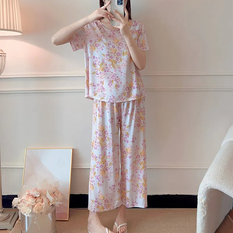 Comfort for Homewear Floral Pajamas 2 Pieces Set for Woman Casual Summer New Short Sleeve Sleepwear Women's Loungewear Suit
