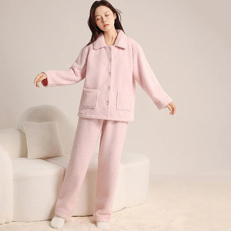 ឈុតគេងរដូវរងារោមចៀម Coral Fleece ក្រាស់សម្រាប់ស្ត្រី ឈុតគេងនៅផ្ទះធម្មតាសម្រាប់ពាក់នៅខាងក្រៅ ឈុតគេងរលុង ឈុតគេងសម្រាប់រដូវរងា