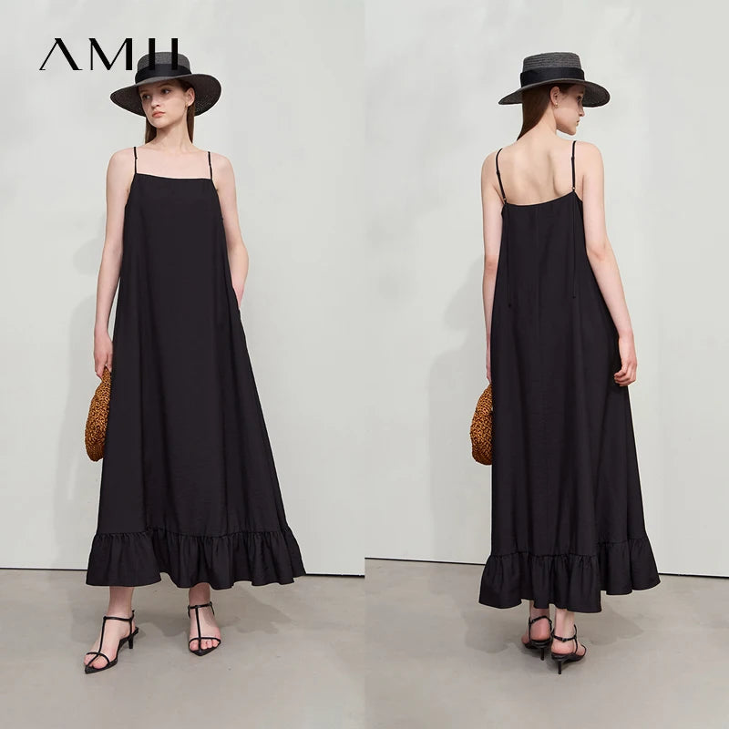 AMII Minimalist Vacation Lyocell Dresses 2026 Summer Beach Women Clothing Party Suspender Lotus Edge Long Black Dresses 12542159