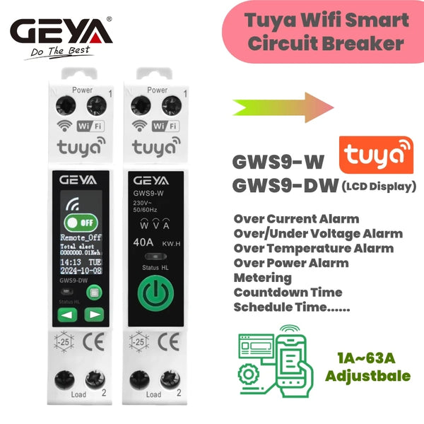 ឧបករណ៍បំបែកសៀគ្វីឆ្លាតវៃ GEYA TUYA WIFI ជាមួយនឹងម៉ែត្រិច កុងតាក់បញ្ជាពីចម្ងាយឥតខ្សែសម្រាប់ផ្ទះឆ្លាតវៃ 1A~63A អាចលៃតម្រូវបាន 90V~240V
