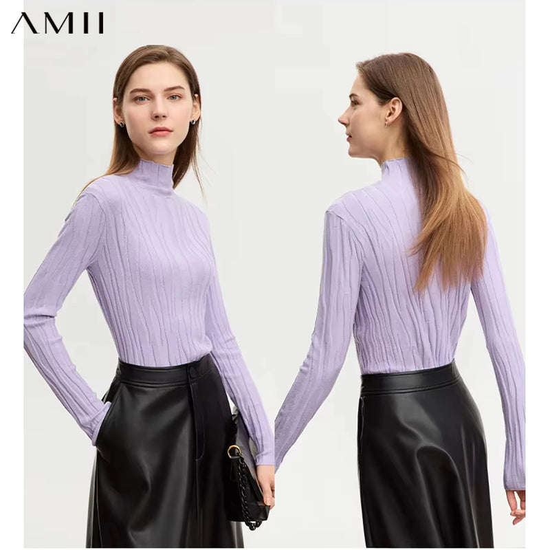 Amii Minimalist Women's Wool Sweater 2026 Winter Warm New Slim Knit Bottoming Tops Elastic Mock Neck Pullover Sweaters 12324064