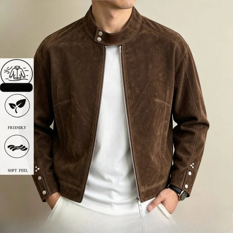 Men's Retro Suede Jacket Vintage Stand Up Collar Zip Up Biker Jacket |Y2K High Street Loose Fit Short Coat Casual Daily Wear