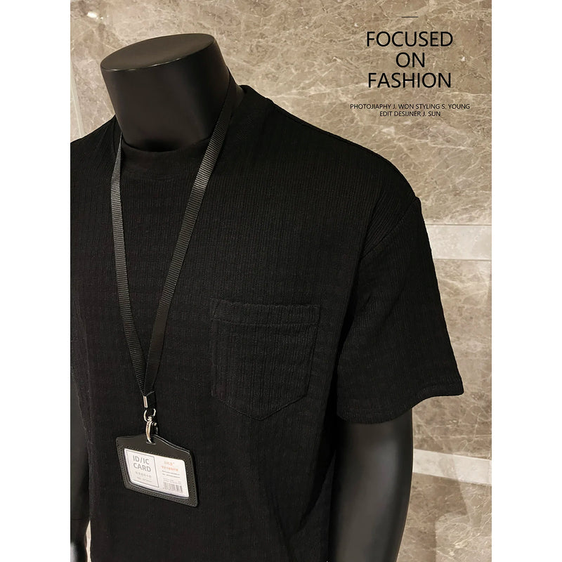 Men's 260g Ribbed Jacquard T-Shirt, Short Sleeve with Chest Pocket, Heavyweight Casual Top 35% Cotton, Breathable Sweat-wicking
