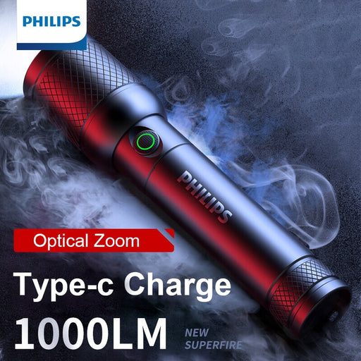 Philips Zoom Flashlight Stepless Dimming High Power Rechargeable Led Flashlight with 18650 Battery for Camping Self Defense