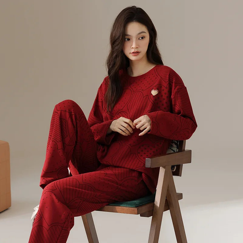 New Year Red Women's Pajamas Set Spring Autumn Long Sleeve Trousers Sets Fashion Sleepwear Pyjamas Femme Nightwear Home Pijama