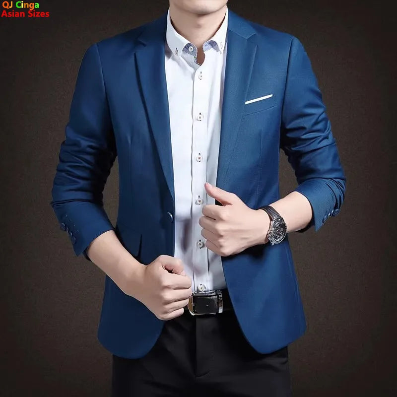 Men's Red Suit Jacket in Asian Sizes; Slim-fit Blazer for Weddings, Parties, and the Office; Available in Blue, Black, Gray.