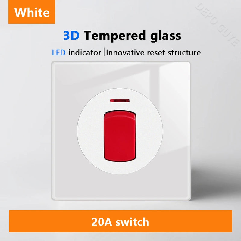White LED indicator light switch Panel glass piano key Self-reset wall switch socket,UK Universal USB Type-C Electrical outlet