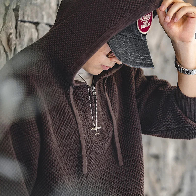 Maden Casual Knit Sweater Half-zip Basics Hoodies for Men Autumn Winter Fashion Brand Pullovers Warm Hooded Sweatshirt Tops