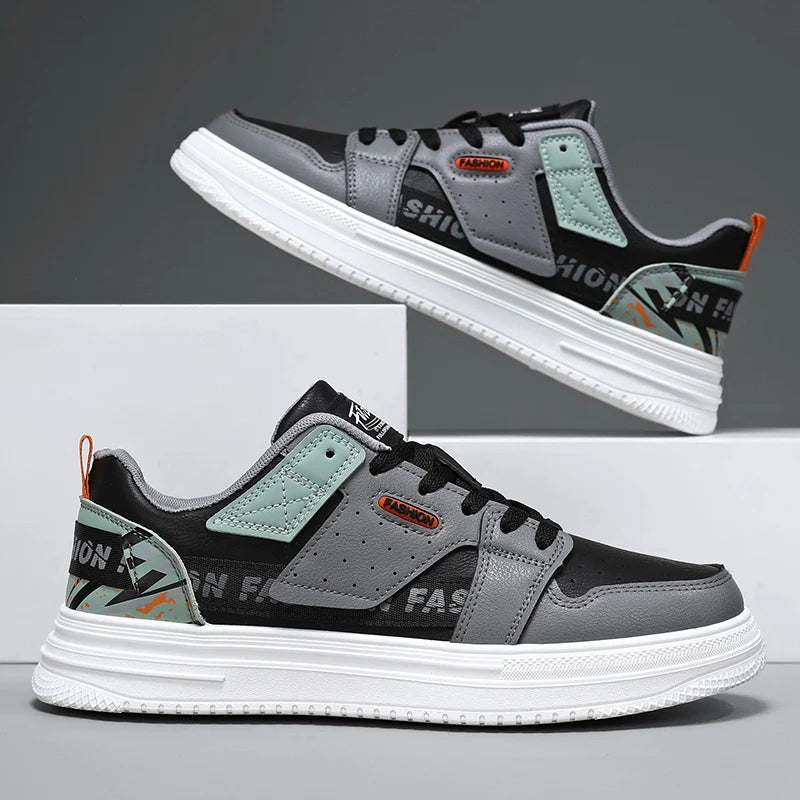 Mens Board Shoes New Leather Splicing Lightweight Snug Fashion Street Style Outdoor Low Top Casual Sports Flat Walking Shoes