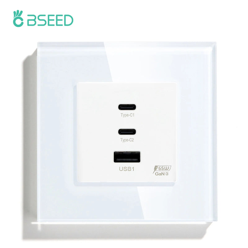 BSEED GaN3 Universal Socket 65W PD Fast Charge Port USB Type-C Quick Charge Adapter for Phone Computer Glass Panel 100V-240V