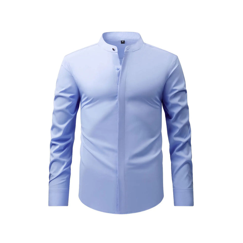 Men's Black Long-sleeve Stand-collar Shirt for Spring and Fall; Blue Single-breasted Stretch Shirts; Red, Yellow, Green, White.