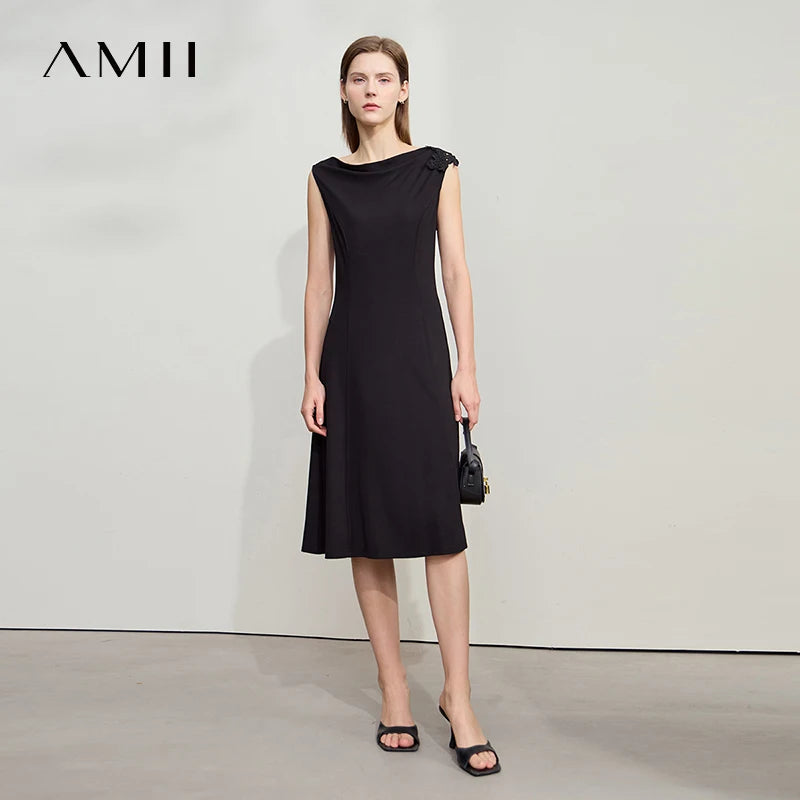 Amii Women Minimalist Sleeveless Black Dress 2026 Summer New Office Lady Elastic Lace Elegant Slim Fit Waist Dresses 12522051