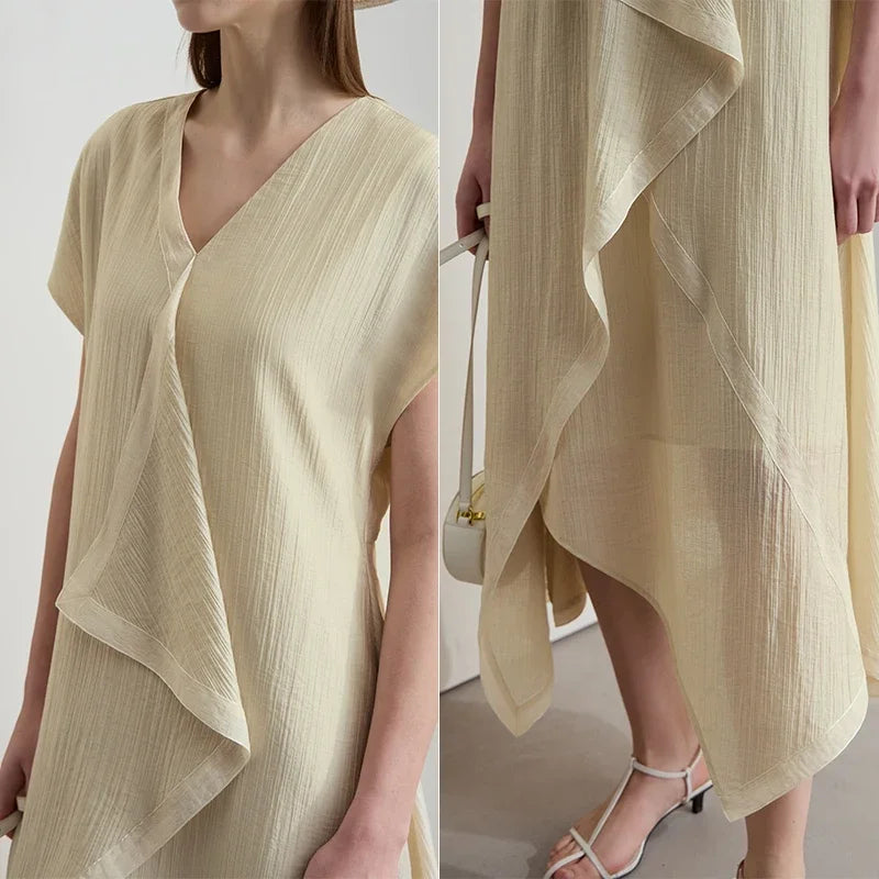 Amii Minimalist Women's Short Sleeved Dress 2026 Summer New Solid Irregular Loose Elegant H Shaped Commute Long Dress 12541134
